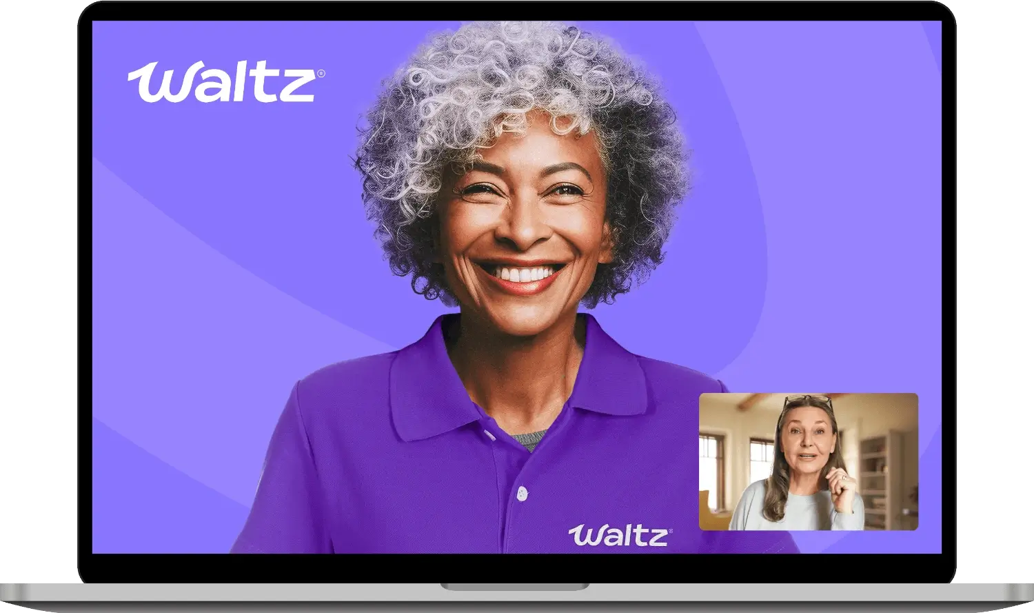 An open laptop screen shows a virtual Tech Help session between a Waltz Tech Helper and a Waltz Member. The friendly Tech Helper is positioned in the middle of the screen and is facing the camera with a bright smile. The Member is thoughtfully engaged, also facing the camera, and is positioned in a rectangular cutout in the bottom right corner of the laptop display.